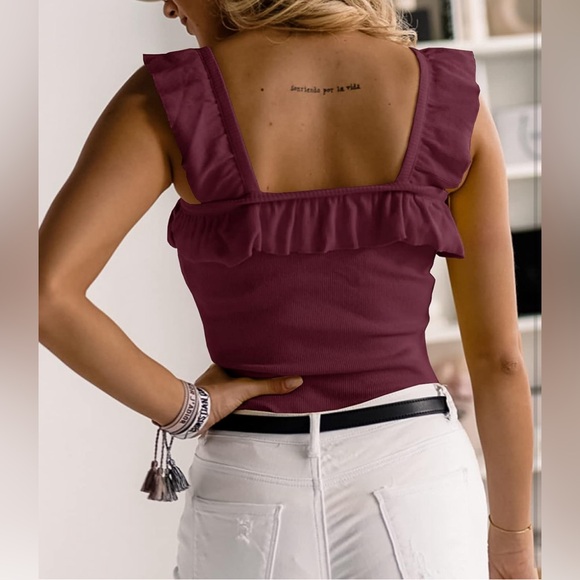 Womens Sleeveless Tank Top Ruffle Strap Square Neck Solid Color Knitted Camisole - Picture 3 of 5